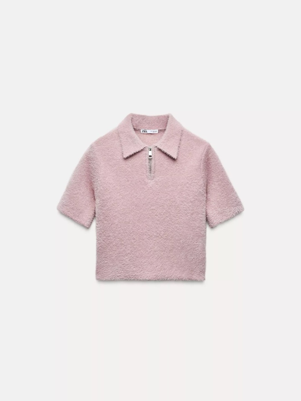 Zara Light Pink Fuzzy Half-Zip Collared Top